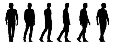 Beyaz üzerine izole edilmiş farklı perspektiflerden yürüyen genç bir adamın kavramsal siyah silüeti. Sıradan, moda, rahatlama, boş zaman ve yaşam tarzı için bir metafor.