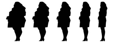 Kavramsal şişman şişman şişman kadın zayıf kadına karşı kilo verdikten sonra sağlıklı vücuda uyuyor ya da beyaz arka planda diyet yapıyor. Bir fitness, beslenme veya obezite, sağlık şekli çizim vektörü siluet olarak