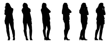 Beyaz arka planda izole edilmiş farklı perspektiflerden konuşan bir kadının vektör kavramsal siyah silueti. İletişim, bağlantı, eğlence ve yaşam tarzı için bir metafor