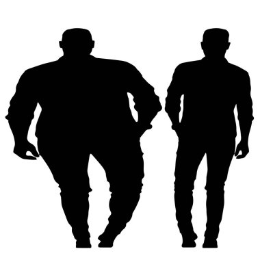 Kavramsal şişman obez adama karşı zayıf kilo verdikten sonra sağlıklı vücut, beyaz arka plan. Bir sağlık, beslenme ya da obezite, sağlık hizmeti şekil çizim vektörü siluet olarak