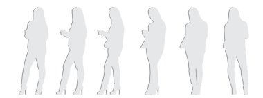  Vektör kavramsal gri kağıt, beyaz arka planda izole edilmiş farklı perspektiflerden telefonunu kontrol eden bir kadının siluetini kesti. İletişim, bağlantı, eğlence ve yaşam tarzı için bir metafor