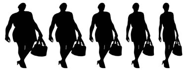 Kavramsal şişman şişman şişman kadın zayıf kadına karşı kilo verdikten sonra sağlıklı vücuda uyuyor ya da beyaz arka planda diyet yapıyor. Bir fitness, beslenme veya obezite, sağlık şekli çizim vektörü siluet olarak