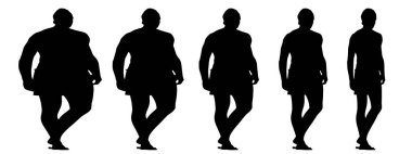 Kavramsal şişman obez adama karşı zayıf kilo verdikten sonra sağlıklı vücut, diyet, beyaz arka plan pankartı. Bir sağlık, beslenme ya da obezite, sağlık hizmeti şekil çizim vektörü siluet olarak