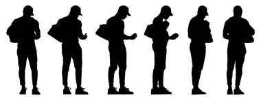 Spor çantası taşıyan genç bir adamın kavramsal siyah silueti farklı perspektiflerden mesajlarını kontrol ediyor. Spor, fitness, bağlantı ve aktif yaşam tarzı için bir metafor