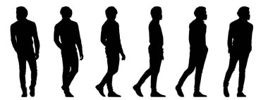  Beyaz üzerine izole edilmiş farklı perspektiflerden yürüyen genç bir adamın kavramsal siyah silüeti. Sıradan, moda, rahatlama, boş zaman ve yaşam tarzı için bir metafor. 