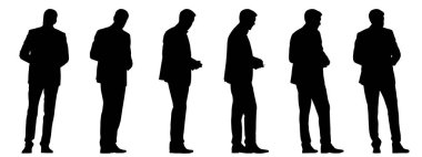 Beyaz arka planda izole edilmiş farklı perspektiflerden bir fincan kahveyi elinde tutan bir iş adamının kavramsal siyah silüeti. Mola, iş ve yaşam tarzı için bir metafor