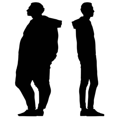 Kavramsal şişman obez adama karşı zayıf kilo verdikten sonra sağlıklı vücut, beyaz arka plan. Bir sağlık, beslenme ya da obezite, sağlık hizmeti şekil çizim vektörü siluet olarak