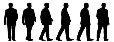 Beyaz arka planda izole edilmiş farklı perspektiflerden bir iş adamının vektör kavramsal siyah silueti. Başarı, eğitim, iş, güven, liderlik ve vizyon için bir metafor