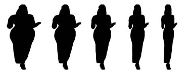 Kavramsal şişman şişman şişman kadın zayıf kadına karşı kilo verdikten sonra sağlıklı vücuda uyuyor ya da beyaz arka planda diyet yapıyor. Bir fitness, beslenme veya obezite, sağlık şekli çizim vektörü siluet olarak