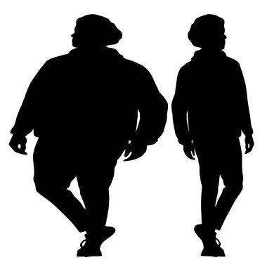 Kavramsal şişman obez adama karşı zayıf kilo verdikten sonra sağlıklı vücut, beyaz arka plan. Bir sağlık, beslenme ya da obezite, sağlık hizmeti şekil çizim vektörü siluet olarak