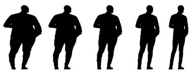 Kavramsal şişman obez adama karşı zayıf kilo verdikten sonra sağlıklı vücut, diyet, beyaz arka plan pankartı. Bir sağlık, beslenme ya da obezite, sağlık hizmeti şekil çizim vektörü siluet olarak