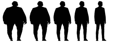 Kavramsal şişman obez adama karşı zayıf kilo verdikten sonra sağlıklı vücut, diyet, beyaz arka plan pankartı. Bir sağlık, beslenme ya da obezite, sağlık hizmeti şekil çizim vektörü siluet olarak