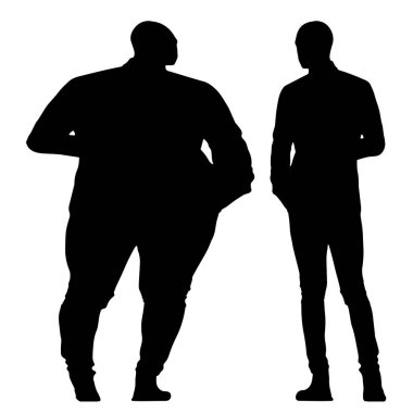 Kavramsal şişman obez adama karşı zayıf kilo verdikten sonra sağlıklı vücut, beyaz arka plan. Bir sağlık, beslenme ya da obezite, sağlık hizmeti şekil çizim vektörü siluet olarak