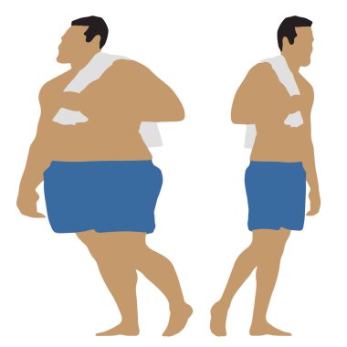 Kavramsal şişman obez adama karşı zayıf kilo verdikten sonra sağlıklı vücut, beyaz arka plan. Bir sağlık, beslenme ya da obezite, sağlık hizmeti şekil çizim vektörü siluet olarak