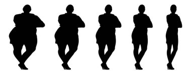 Kavramsal şişman şişman şişman kadın zayıf kadına karşı kilo verdikten sonra sağlıklı vücuda uyuyor ya da beyaz arka planda diyet yapıyor. Bir fitness, beslenme veya obezite, sağlık şekli çizim vektörü siluet olarak