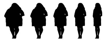 Kavramsal şişman şişman şişman kadın zayıf kadına karşı kilo verdikten sonra sağlıklı vücuda uyuyor ya da beyaz arka planda diyet yapıyor. Bir fitness, beslenme veya obezite, sağlık şekli çizim vektörü siluet olarak