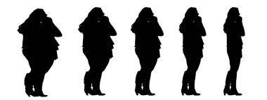 Kavramsal şişman şişman şişman kadın zayıf kadına karşı kilo verdikten sonra sağlıklı vücuda uyuyor ya da beyaz arka planda diyet yapıyor. Bir fitness, beslenme veya obezite, sağlık şekli çizim vektörü siluet olarak