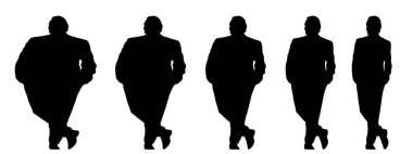 Kavramsal şişman obez adama karşı zayıf kilo verdikten sonra sağlıklı vücut, diyet, beyaz arka plan pankartı. Bir sağlık, beslenme ya da obezite, sağlık hizmeti şekil çizim vektörü siluet olarak