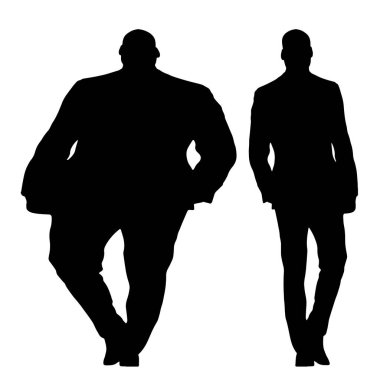 Kavramsal şişman obez adama karşı zayıf kilo verdikten sonra sağlıklı vücut, beyaz arka plan. Bir sağlık, beslenme ya da obezite, sağlık hizmeti şekil çizim vektörü siluet olarak