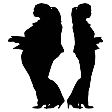 Kavramsal şişman şişman şişman kadın zayıf kadına karşı kilo verdikten sonra sağlıklı vücuda uyuyor ya da beyaz arka planda diyet. Bir fitness, beslenme veya obezite, sağlık şekli çizim vektörü siluet olarak