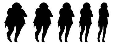 Kavramsal şişman şişman şişman kadın zayıf kadına karşı kilo verdikten sonra sağlıklı vücuda uyuyor ya da beyaz arka planda diyet yapıyor. Bir fitness, beslenme veya obezite, sağlık şekli çizim vektörü siluet olarak