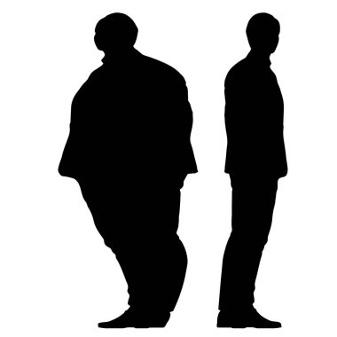 Kavramsal şişman obez adama karşı zayıf kilo verdikten sonra sağlıklı vücut, beyaz arka plan. Bir sağlık, beslenme ya da obezite, sağlık hizmeti şekil çizim vektörü siluet olarak
