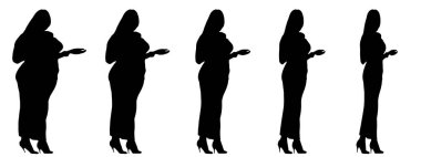 Kavramsal şişman şişman şişman kadın zayıf kadına karşı kilo verdikten sonra sağlıklı vücuda uyuyor ya da beyaz arka planda diyet yapıyor. Bir fitness, beslenme veya obezite, sağlık şekli çizim vektörü siluet olarak