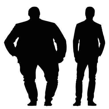 Kavramsal şişman obez adama karşı zayıf kilo verdikten sonra sağlıklı vücut, beyaz arka plan. Bir sağlık, beslenme ya da obezite, sağlık hizmeti şekil çizim vektörü siluet olarak