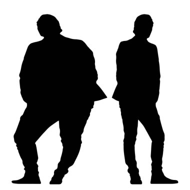 Kavramsal şişman obez adama karşı zayıf kilo verdikten sonra sağlıklı vücut, beyaz arka plan. Bir sağlık, beslenme ya da obezite, sağlık hizmeti şekil çizim vektörü siluet olarak