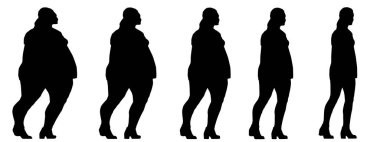 Kavramsal şişman şişman şişman kadın zayıf kadına karşı kilo verdikten sonra sağlıklı vücuda uyuyor ya da beyaz arka planda diyet yapıyor. Bir fitness, beslenme veya obezite, sağlık şekli çizim vektörü siluet olarak