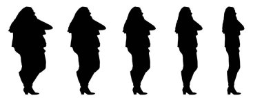 Kavramsal şişman şişman şişman kadın zayıf kadına karşı kilo verdikten sonra sağlıklı vücuda uyuyor ya da beyaz arka planda diyet yapıyor. Bir fitness, beslenme veya obezite, sağlık şekli çizim vektörü siluet olarak