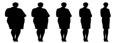 Kavramsal şişman şişman şişman kadın zayıf kadına karşı kilo verdikten sonra sağlıklı vücuda uyuyor ya da beyaz arka planda diyet yapıyor. Bir fitness, beslenme veya obezite, sağlık şekli çizim vektörü siluet olarak