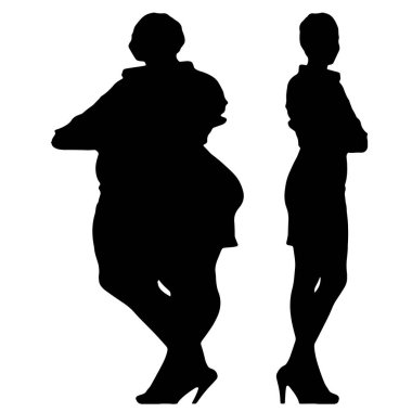 Kavramsal şişman şişman şişman kadın zayıf kadına karşı kilo verdikten sonra sağlıklı vücuda uyuyor ya da beyaz arka planda diyet. Bir fitness, beslenme veya obezite, sağlık şekli çizim vektörü siluet olarak