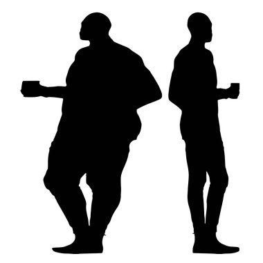 Kavramsal şişman obez adama karşı zayıf kilo verdikten sonra sağlıklı vücut, beyaz arka plan. Bir sağlık, beslenme ya da obezite, sağlık hizmeti şekil çizim vektörü siluet olarak
