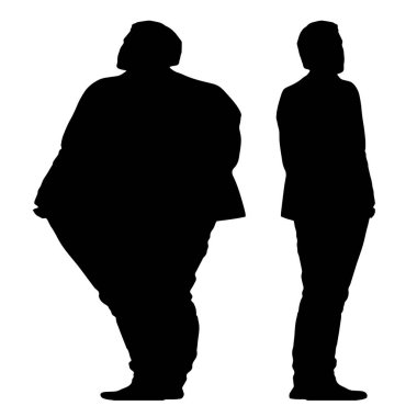 Kavramsal şişman obez adama karşı zayıf kilo verdikten sonra sağlıklı vücut, beyaz arka plan. Bir sağlık, beslenme ya da obezite, sağlık hizmeti şekil çizim vektörü siluet olarak
