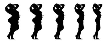 Kavramsal şişman şişman şişman kadın zayıf kadına karşı kilo verdikten sonra sağlıklı vücuda uyuyor ya da beyaz arka planda diyet yapıyor. Bir fitness, beslenme veya obezite, sağlık şekli çizim vektörü siluet olarak