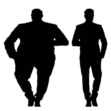 Kavramsal şişman obez adama karşı zayıf kilo verdikten sonra sağlıklı vücut, beyaz arka plan. Bir sağlık, beslenme ya da obezite, sağlık hizmeti şekil çizim vektörü siluet olarak