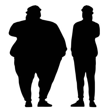 Kavramsal şişman obez adama karşı zayıf kilo verdikten sonra sağlıklı vücut, beyaz arka plan. Bir sağlık, beslenme ya da obezite, sağlık hizmeti şekil çizim vektörü siluet olarak