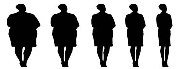 Kavramsal şişman şişman şişman kadın zayıf kadına karşı kilo verdikten sonra sağlıklı vücuda uyuyor ya da beyaz arka planda diyet yapıyor. Bir fitness, beslenme veya obezite, sağlık şekli çizim vektörü siluet olarak