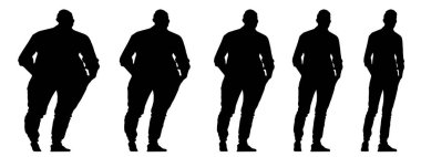 Kavramsal şişman obez adama karşı zayıf kilo verdikten sonra sağlıklı vücut, diyet, beyaz arka plan pankartı. Bir sağlık, beslenme ya da obezite, sağlık hizmeti şekil çizim vektörü siluet olarak