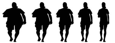 Kavramsal şişman obez adama karşı zayıf kilo verdikten sonra sağlıklı vücut, diyet, beyaz arka plan pankartı. Bir sağlık, beslenme ya da obezite, sağlık hizmeti şekil çizim vektörü siluet olarak