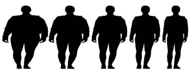 Kavramsal şişman obez adama karşı zayıf kilo verdikten sonra sağlıklı vücut, diyet, beyaz arka plan pankartı. Bir sağlık, beslenme ya da obezite, sağlık hizmeti şekil çizim vektörü siluet olarak