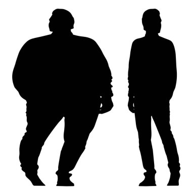 Kavramsal şişman obez adama karşı zayıf kilo verdikten sonra sağlıklı vücut, beyaz arka plan. Bir sağlık, beslenme ya da obezite, sağlık hizmeti şekil çizim vektörü siluet olarak