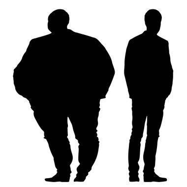 Kavramsal şişman obez adama karşı zayıf kilo verdikten sonra sağlıklı vücut, beyaz arka plan. Bir sağlık, beslenme ya da obezite, sağlık hizmeti şekil çizim vektörü siluet olarak
