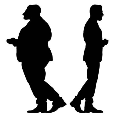 Kavramsal şişman obez adama karşı zayıf kilo verdikten sonra sağlıklı vücut, beyaz arka plan. Bir sağlık, beslenme ya da obezite, sağlık hizmeti şekil çizim vektörü siluet olarak