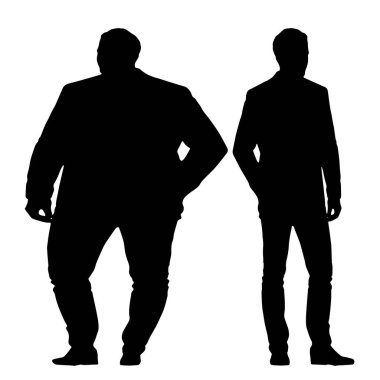 Kavramsal şişman obez adama karşı zayıf kilo verdikten sonra sağlıklı vücut, beyaz arka plan. Bir sağlık, beslenme ya da obezite, sağlık hizmeti şekil çizim vektörü siluet olarak