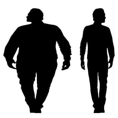 Kavramsal şişman obez adama karşı zayıf kilo verdikten sonra sağlıklı vücut, beyaz arka plan. Bir sağlık, beslenme ya da obezite, sağlık hizmeti şekil çizim vektörü siluet olarak