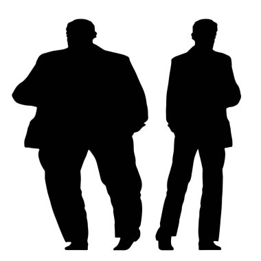 Kavramsal şişman obez adama karşı zayıf kilo verdikten sonra sağlıklı vücut, beyaz arka plan. Bir sağlık, beslenme ya da obezite, sağlık hizmeti şekil çizim vektörü siluet olarak