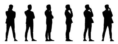  Beyaz üzerine izole edilmiş farklı perspektiflerden yürüyen genç bir adamın kavramsal siyah silüeti. Sıradan, moda, rahatlama, boş zaman ve yaşam tarzı için bir metafor. 