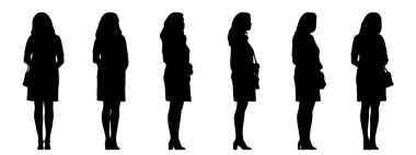 Beyaz arka planda izole edilmiş farklı perspektiflerden çanta taşıyan bir kadının vektör kavramsal siyah silueti. Sıradan, moda, rahatlama, boş zaman ve yaşam tarzı için bir metafor.